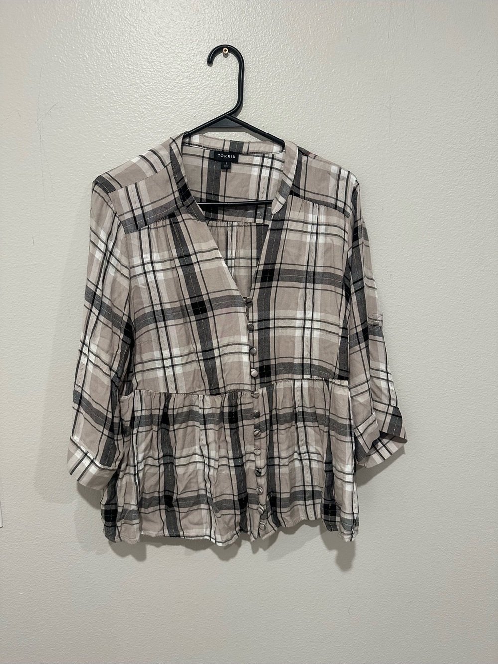 torrid Taupe and Black Plaid Button-Front Peplum Tunic